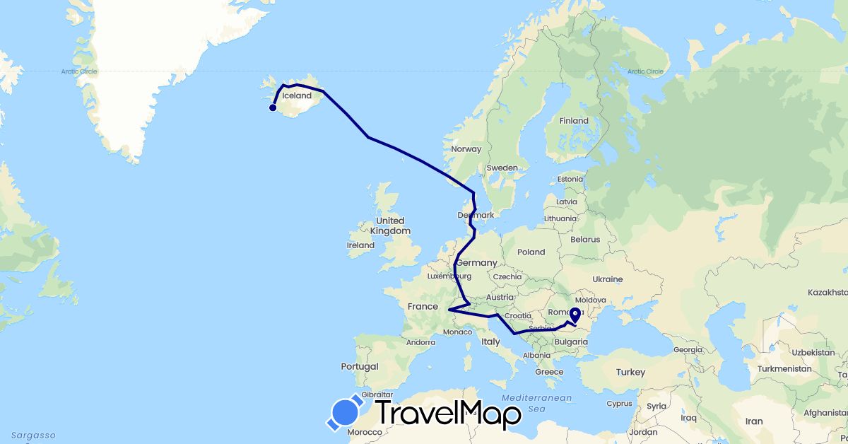 TravelMap itinerary: driving in Bosnia and Herzegovina, Bulgaria, Switzerland, Germany, Denmark, Faroe Islands, Croatia, Iceland, Italy, Romania (Europe)